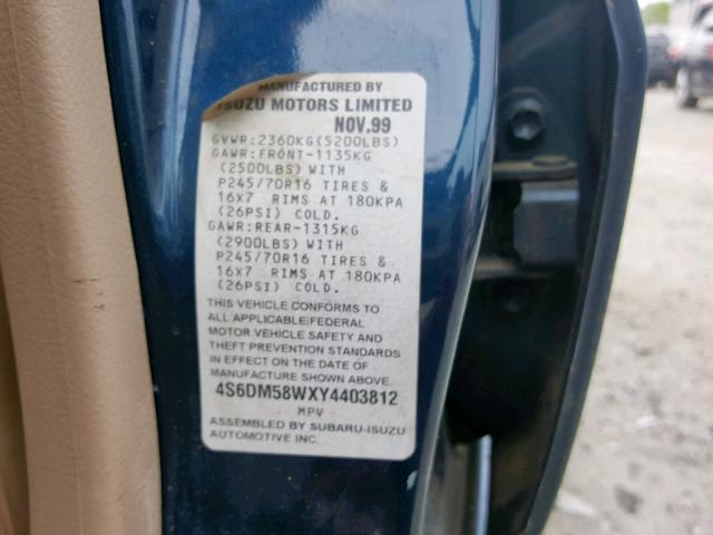 4S6DM58WXY4403812 - 2000 HONDA PASSPORT E 蓝色 照片 10