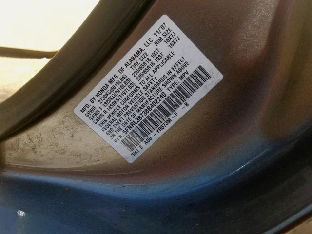 5FNRL38738B402240 - 2008 HONDA ODYSSEY EXL  photo 10