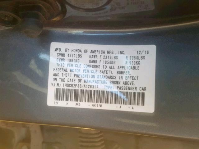 1HGCR2F86HA126317 - 2017 HONDA ACCORD EXL GRAY photo 10