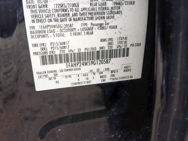 1FAHP24W59G120587 - 2009 FORD TAURUS SEL BLACK photo 10