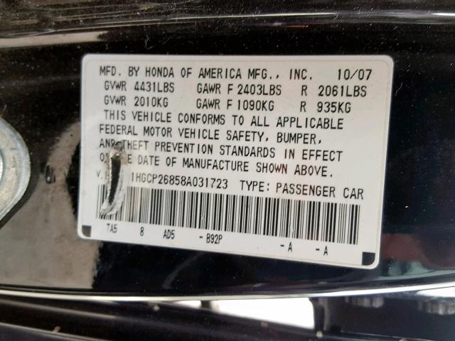 1HGCP26858A031723 - 2008 HONDA ACCORD EXL BLACK photo 10