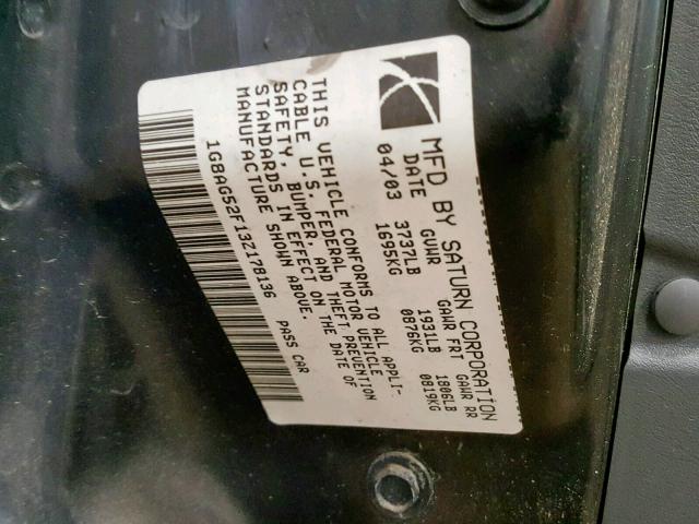 1G8AG52F13Z178136 - 2003 SATURN ION LEVEL SILVER photo 10
