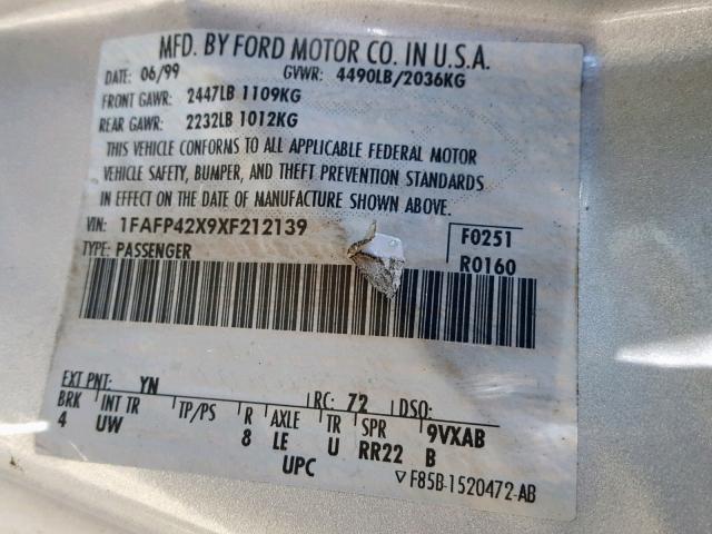 1FAFP42X9XF212139 - 1999 FORD MUSTANG GT SILVER photo 10