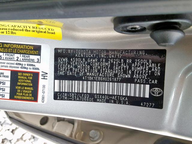 4T1BK1EB6HU261877 - 2017 TOYOTA AVALON XLE GOLD photo 10