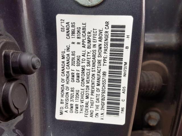 2HGFB2F92CH557189 - 2012 HONDA CIVIC EXL  照片 10