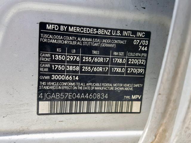 4JGAB57E04A460834 - 2004 MERCEDES-BENZ ML 350 SILVER photo 10