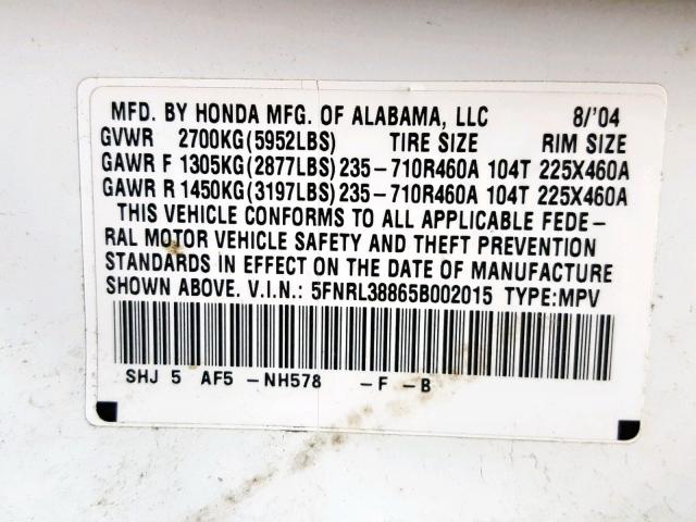 5FNRL38865B002015 - 2005 HONDA ODYSSEY TO WHITE photo 10