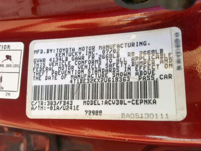 4T1BE32KX2U618363 - 2002 TOYOTA CAMRY LE BURGUNDY photo 10