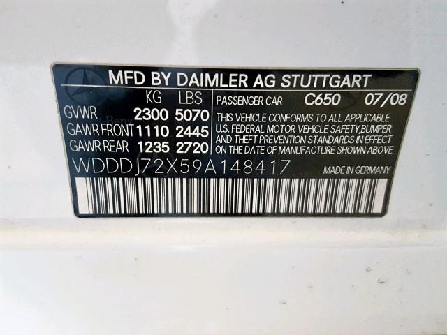 WDDDJ72X59A148417 - 2009 MERCEDES-BENZ CLS 550 WHITE photo 10