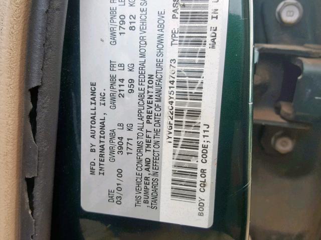 1YVGF22C4Y5147673 - 2000 MAZDA 626 ES GREEN photo 10