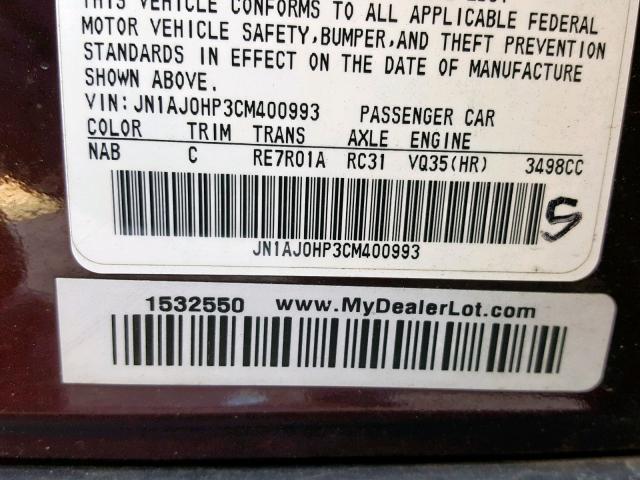 JN1AJ0HP3CM400993 - 2012 INFINITI EX35 BASE MAROON photo 10