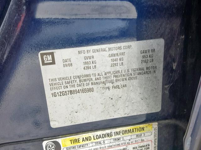 1G1ZG57B894165980 - 2009 CHEVROLET MALIBU LS BLUE photo 10