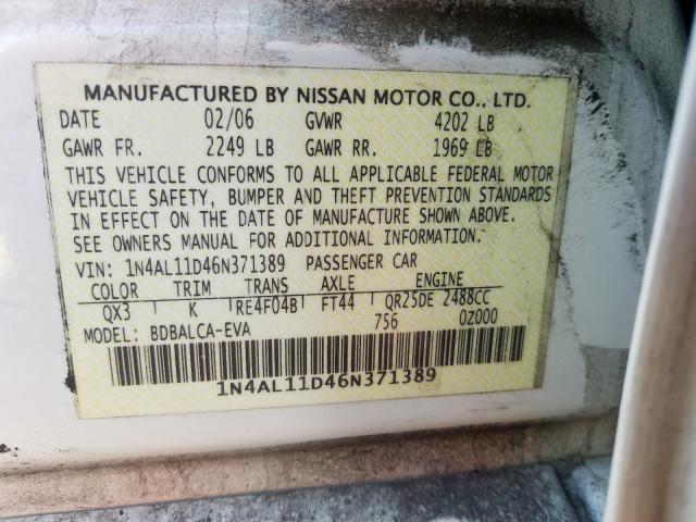 1N4AL11D46N371389 - 2006 NISSAN ALTIMA S  photo 10