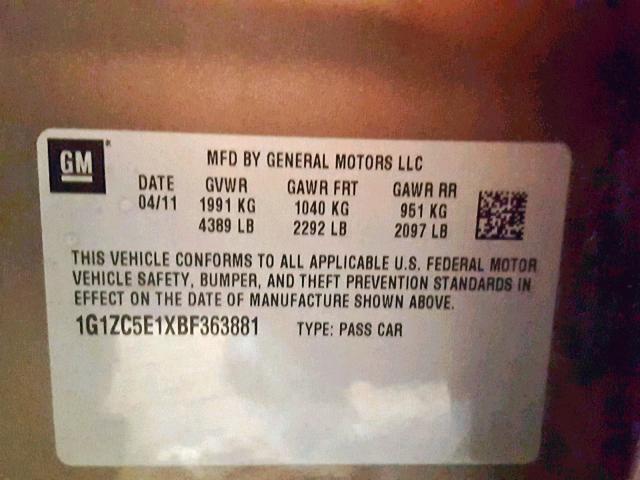 1G1ZC5E1XBF363881 - 2011 CHEVROLET MALIBU 1LT TAN photo 10