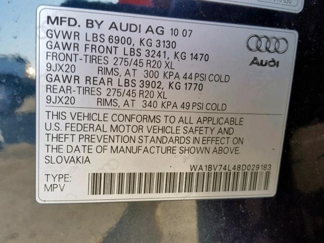 WA1BV74L48D029183 - 2008 AUDI Q7 4.2 QUA GRAY photo 10