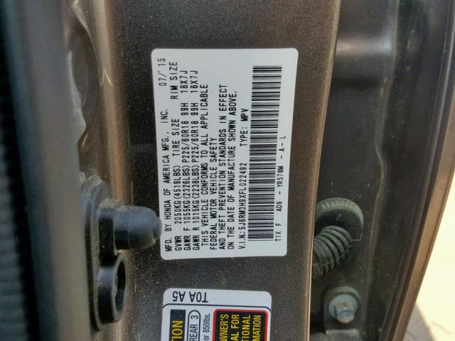 5J6RM3H9XFL022492 - 2015 HONDA CR-V TOURI GRAY photo 10