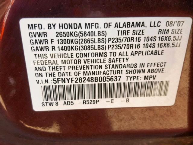 5FNYF28248B005637 - 2008 HONDA PILOT VP BURGUNDY photo 10