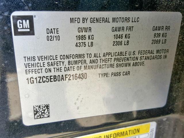 1G1ZC5EB0AF216430 - 2010 CHEVROLET MALIBU 1LT 石墨色 照片 10