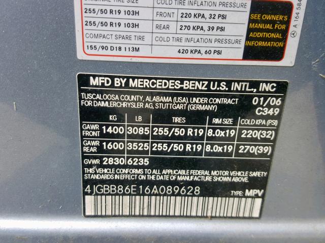 4JGBB86E16A089628 - 2006 MERCEDES-BENZ ML 350 TEAL photo 10