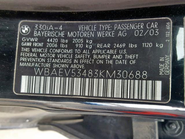 WBAEV53483KM30688 - 2003 BMW 330 I BLACK photo 10