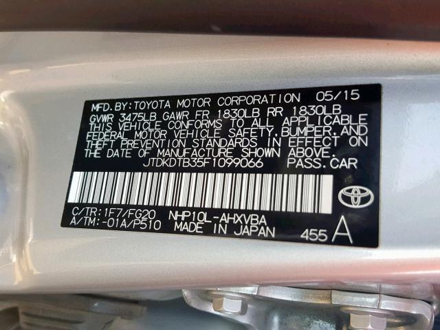 JTDKDTB35F1099066 - 2015 TOYOTA PRIUS C SILVER photo 10