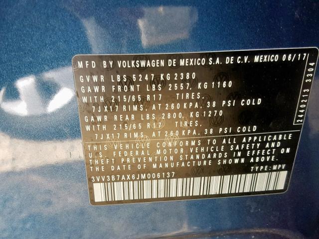 3VV3B7AX6JM006137 - 2018 VOLKSWAGEN TIGUAN SE BLUE photo 10