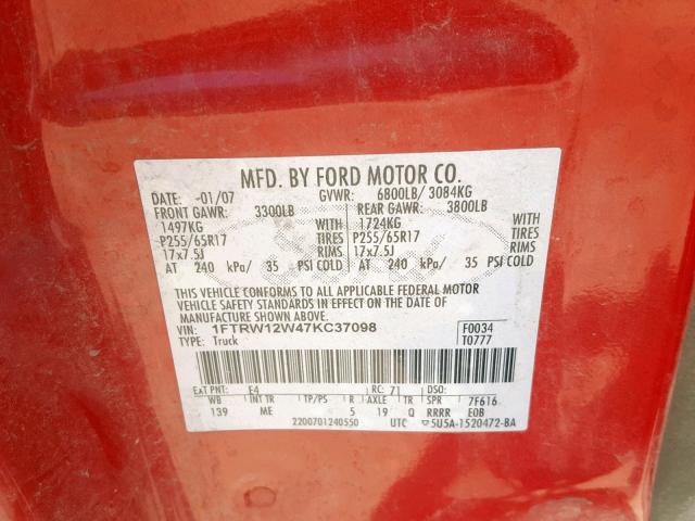 1FTRW12W47KC37098 - 2007 FORD F150 SUPER RED photo 10