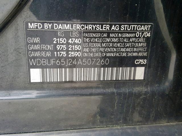 WDBUF65J24A507260 - 2004 MERCEDES-BENZ E 320 GRAY photo 10