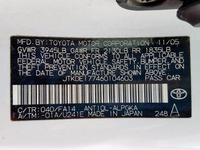 JTKDE177460104603 - 2006 TOYOTA SCION TC WHITE photo 10