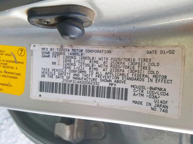 JTEHF21AX20062332 - 2002 TOYOTA HIGHLANDER SILVER photo 10