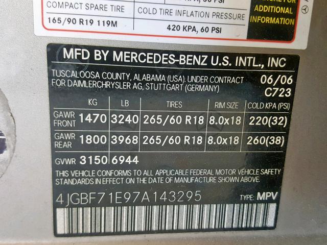 4JGBF71E97A143295 - 2007 MERCEDES-BENZ GL 450 4MA GRAY photo 10