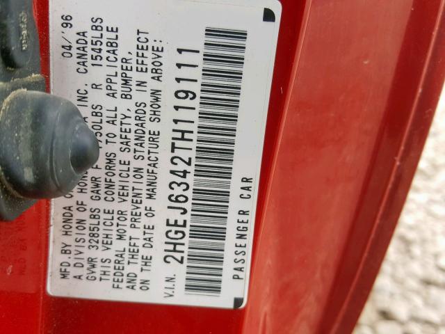 2HGEJ6342TH119111 - 1996 HONDA CIVIC DX RED photo 10