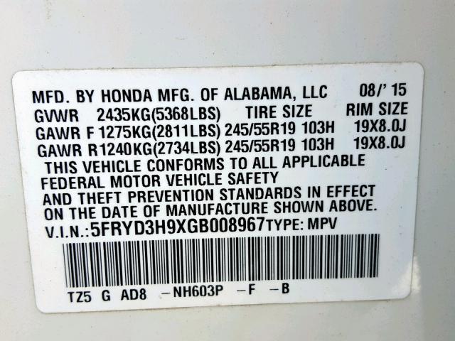 5FRYD3H9XGB008967 - 2016 ACURA MDX ADVANC WHITE photo 10