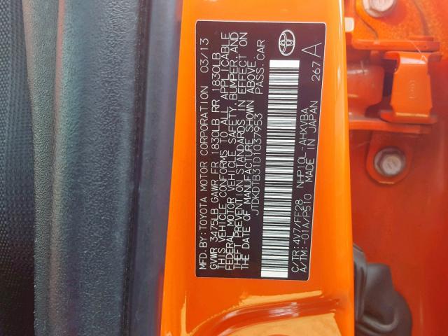 JTDKDTB31D1037953 - 2013 TOYOTA PRIUS C ORANGE photo 10