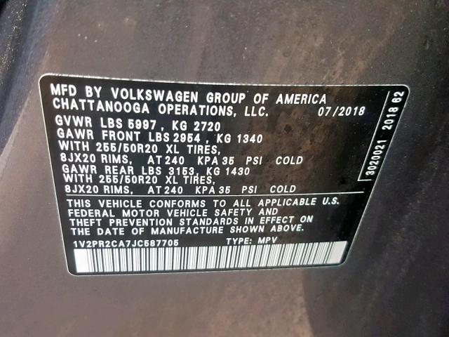 1V2PR2CA7JC587705 - 2018 VOLKSWAGEN ATLAS SE GRAY photo 10