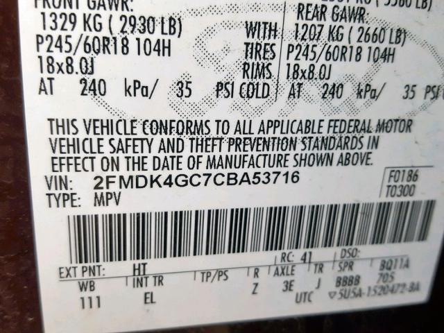 2FMDK4GC7CBA53716 - 2012 FORD EDGE SE BROWN photo 10