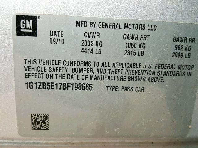 1G1ZB5E17BF198665 - 2011 CHEVROLET MALIBU LS SILVER photo 10