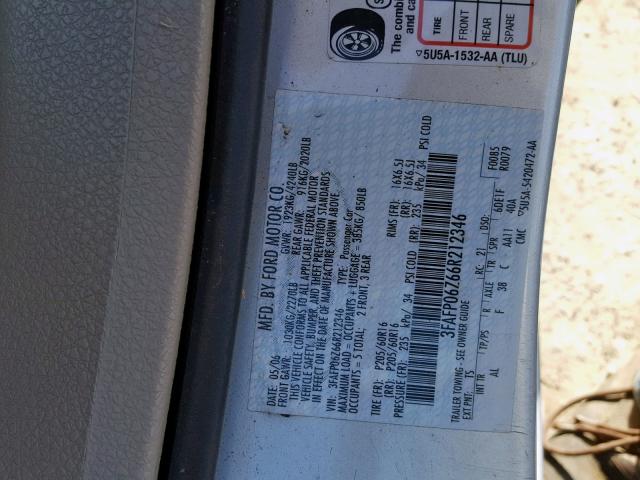 3FAFP06Z66R212346 - 2006 FORD FUSION S SILVER photo 10