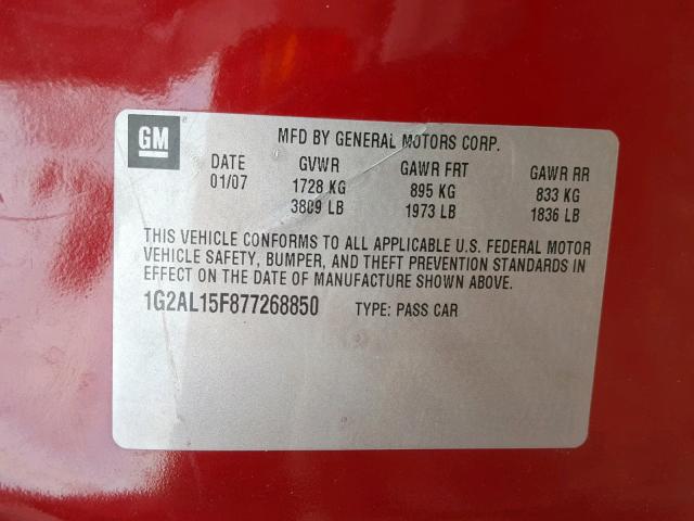 1G2AL15F877268850 - 2007 PONTIAC G5 RED photo 10