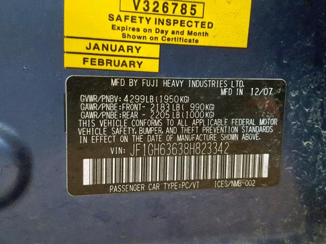 JF1GH63638H823342 - 2008 SUBARU IMPREZA OU BLUE photo 10