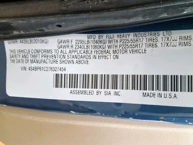 4S4BP61C276327454 - 2007 SUBARU LEGACY OUT BLUE photo 10