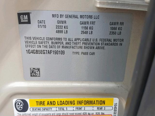 1G4GB5EG7AF190109 - 2010 BUICK LACROSSE C TAN photo 10