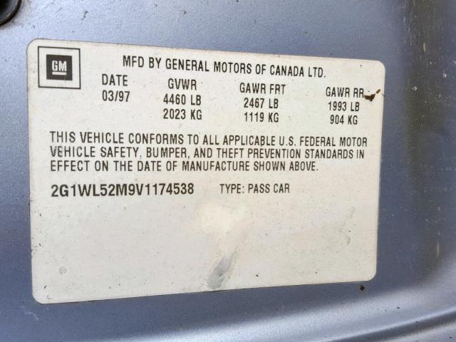 2G1WL52M9V1174538 - 1997 CHEVROLET LUMINA BAS BLUE photo 10