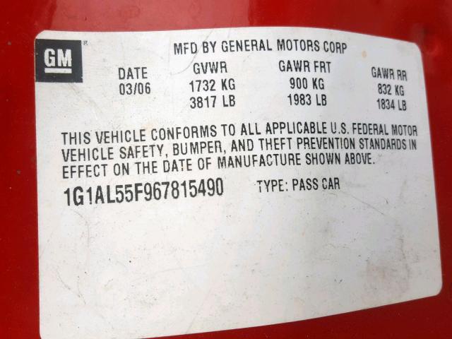 1G1AL55F967815490 - 2006 CHEVROLET COBALT LT RED photo 10