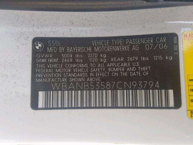 WBANB53587CN93794 - 2007 BMW 550 I WHITE photo 10