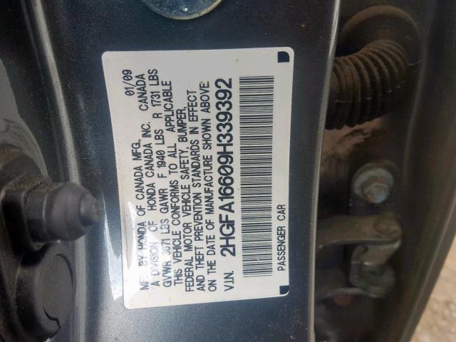 2HGFA16609H339392 - 2009 HONDA CIVIC LX-S GRAY photo 10