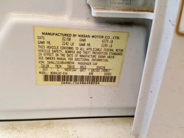 1N4AL21E48N498094 - 2008 NISSAN ALTIMA 2.5 WHITE photo 10