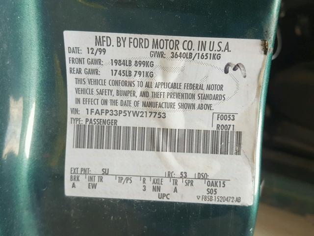 1FAFP33P5YW217753 - 2000 FORD FOCUS LX GREEN photo 10