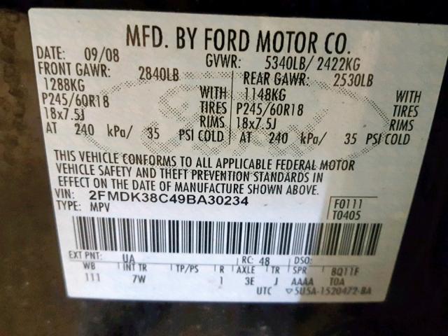 2FMDK38C49BA30234 - 2009 FORD EDGE SEL BLACK photo 10