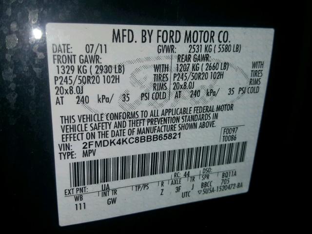 2FMDK4KC8BBB65821 - 2011 FORD EDGE LIMIT BLACK photo 10